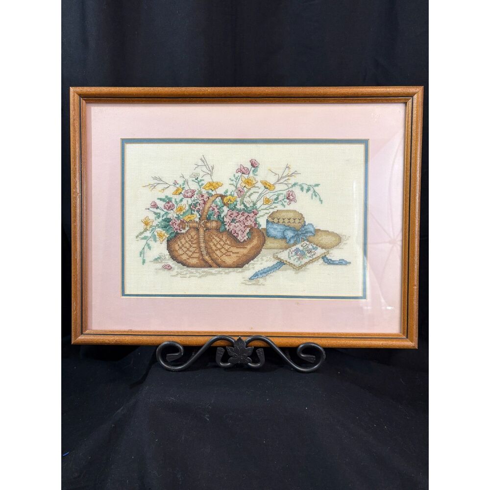 Vintage Floral Cross Stitch Wall Art, Framed Hand Stitched Needlework